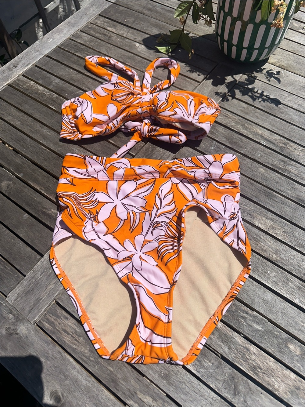 NWOT Kona S Floral High-Waist Bikini Set in Orange and Light Pink